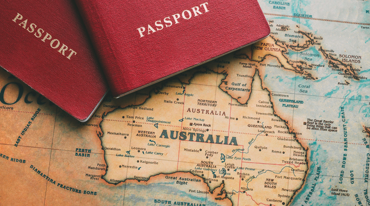 Australia on world map with two red passports