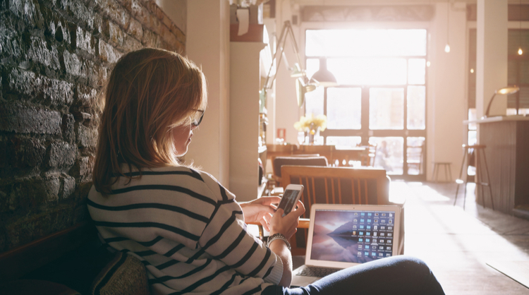 blonde woman working from home