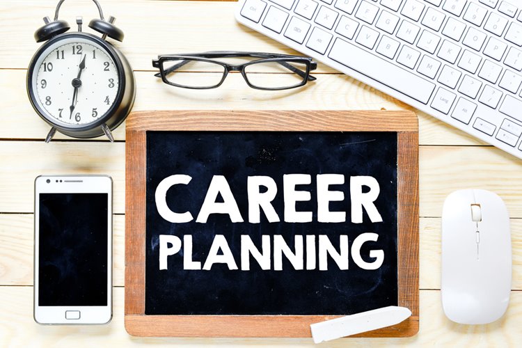 career goals flatlay with clock, keyboard and glasses