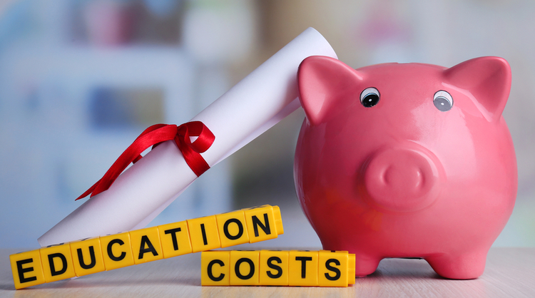 piggy bank with 'education costs' sign